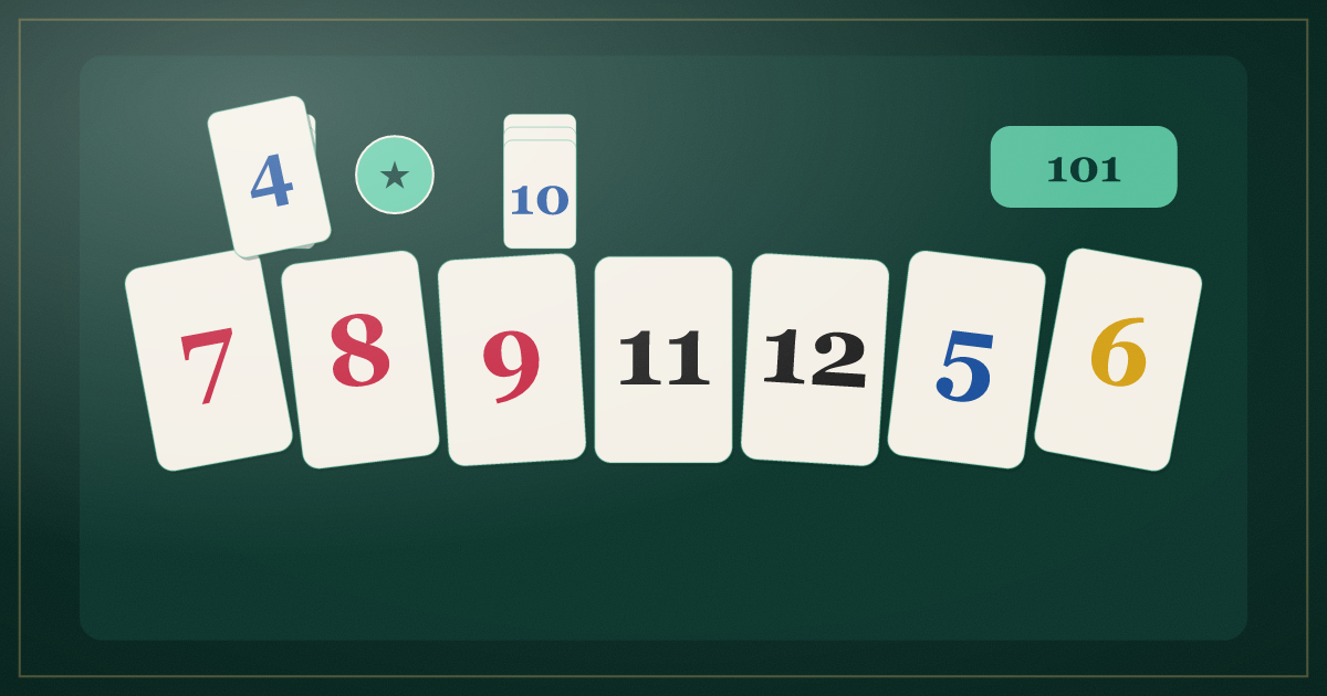 Table d'Okey 101 : tuiles colorées sur le chevalet et indicateur au centre