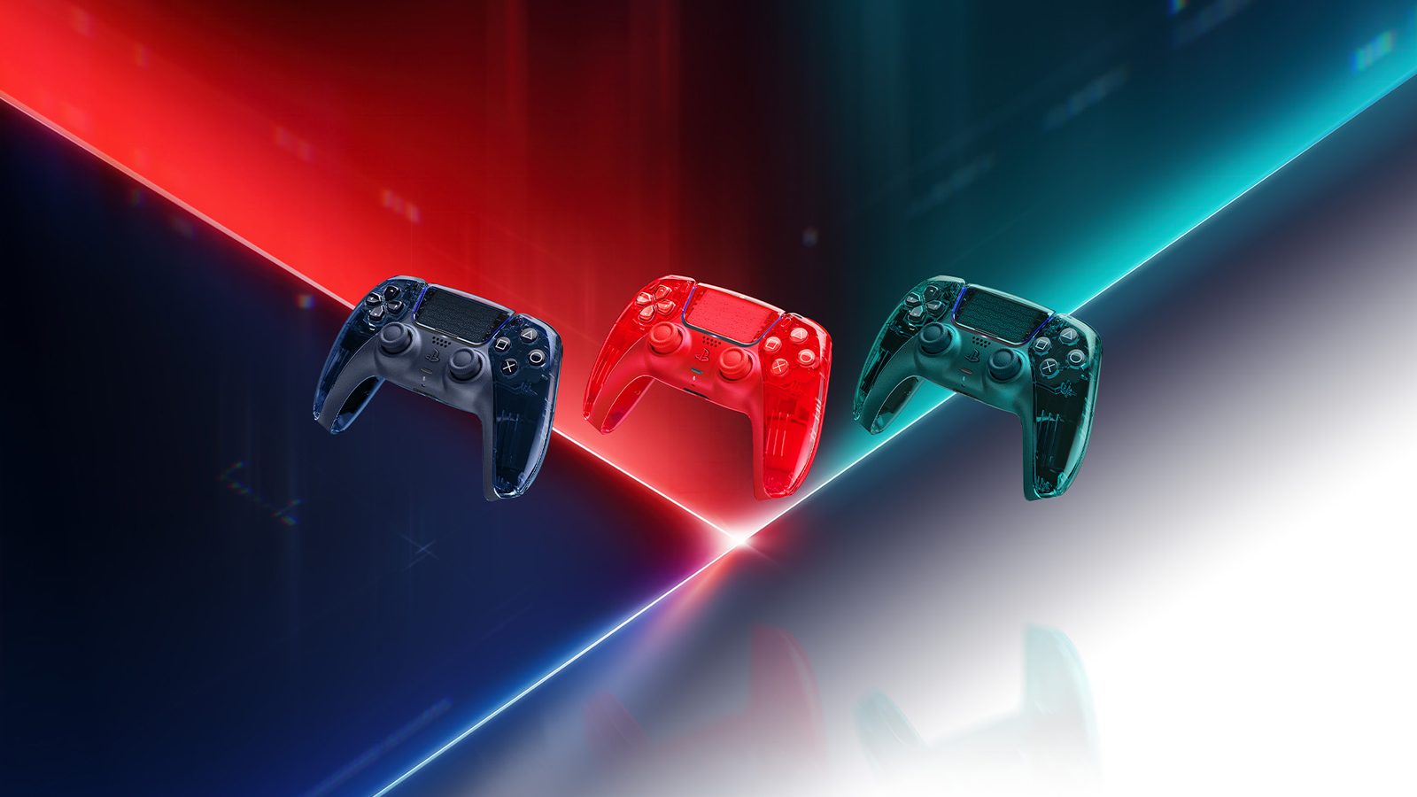 Controles DualSense transparentes da PlayStation Prism Collection: laranja, verde e cinza