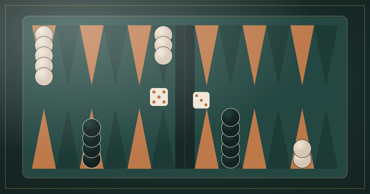 Tablero de backgammon con fichas blancas y negras y dos dados