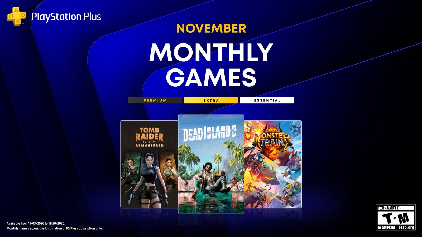 Imagen de los juegos mensuales de PlayStation Plus de noviembre con las portadas de Tomb Raider IV–VI Remastered, Dead Island 2 y Monster Train 2